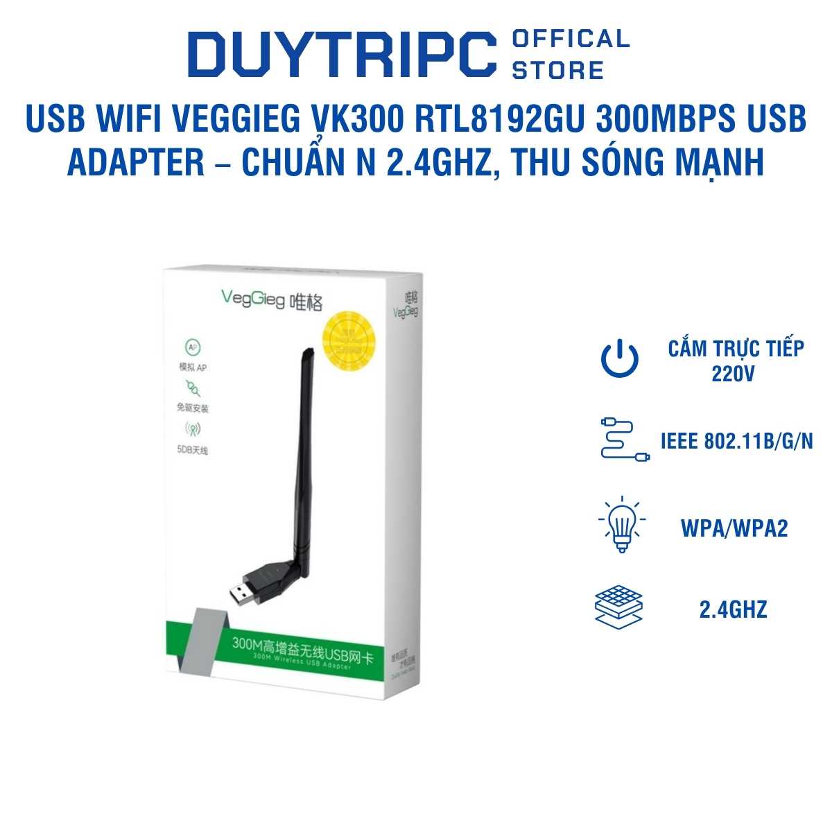 USB WiFi Veggieg VK300 RTL8192GU 300Mbps USB Adapter – Chuẩn N 2.4GHz, Thu Sóng Mạnh, Giá Tốt